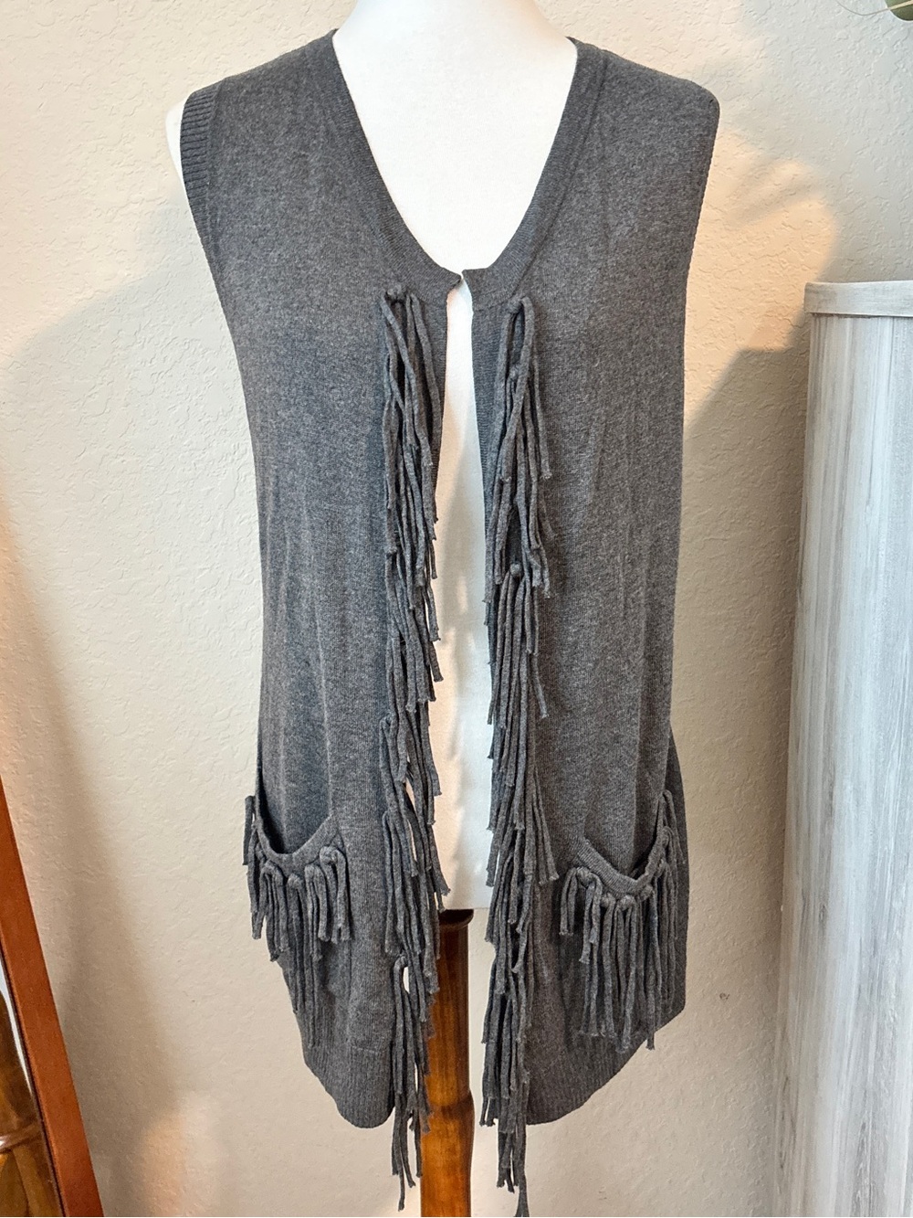 Cache Vintage Gray Angora Blend Fringe Open Front Sweater Vest Boho Indie M